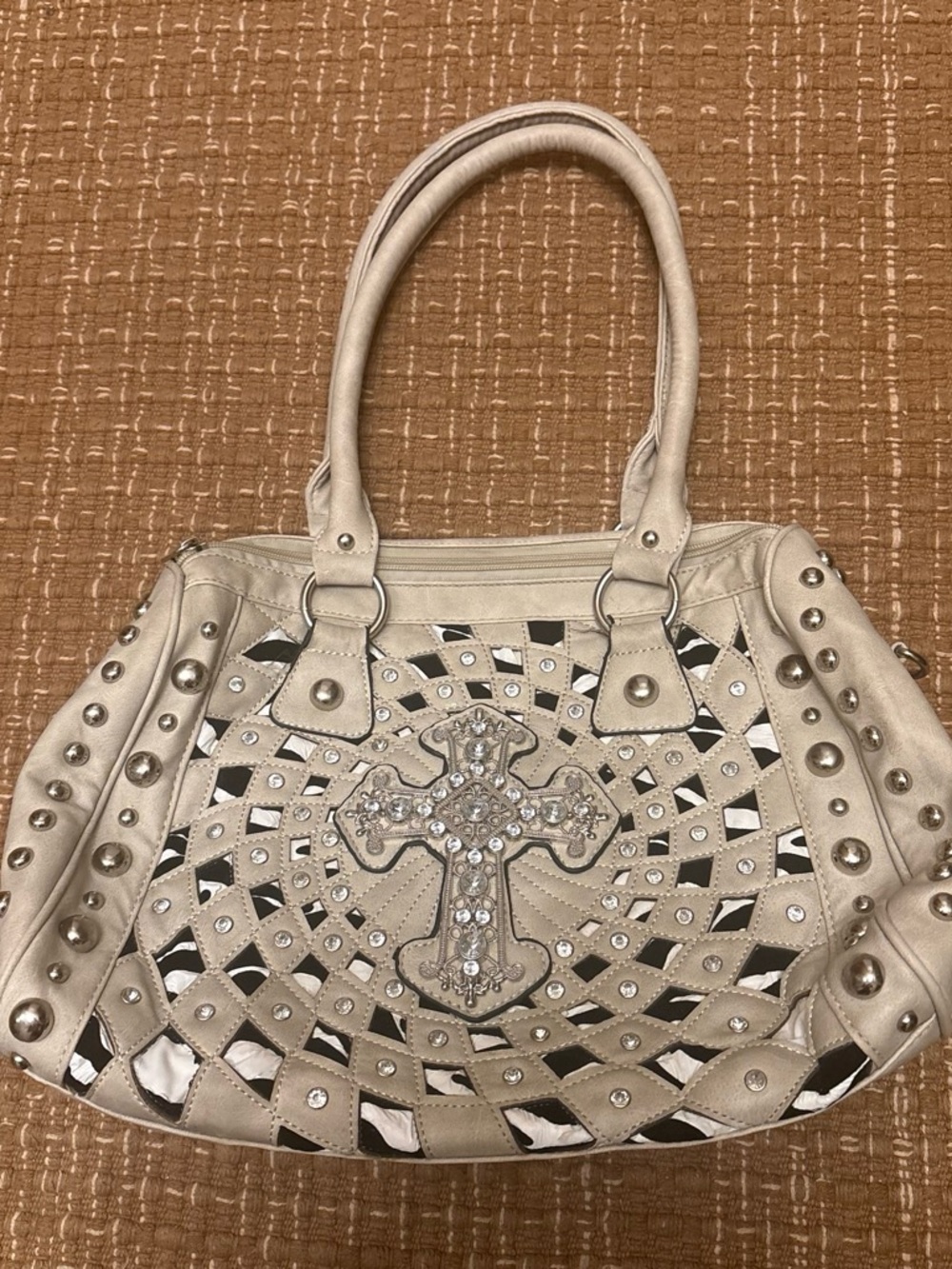 Rhinestone Cross Detailed Beige Shoulder Bag